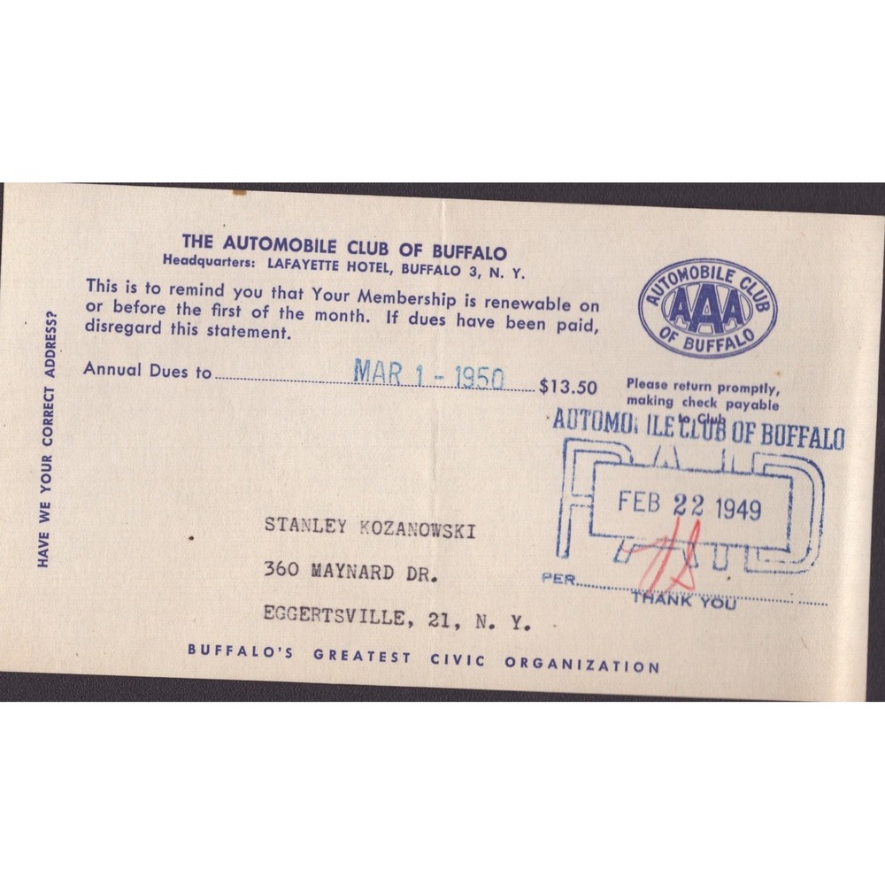 Vintage 1949 AAA Automobile Club of Buffalo Membership Renewal & Envelope - Picture 3 of 4